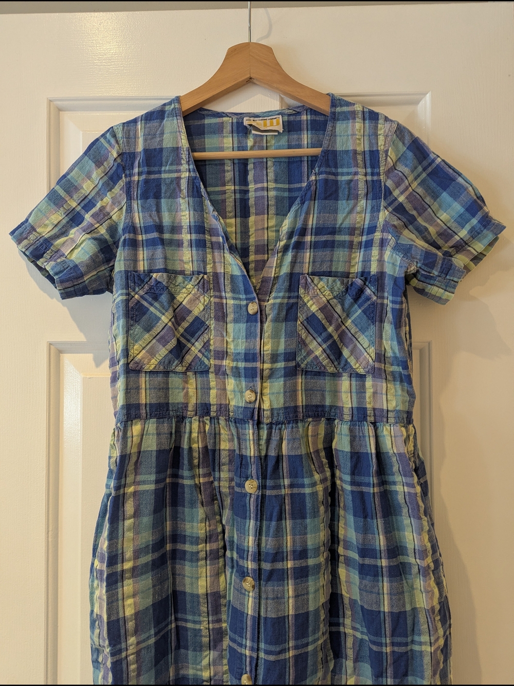 Vintage 90s Blue Plaid Midi Maxi Button Front Cotton Dress Cottagecore Country S - Picture 2 of 13
